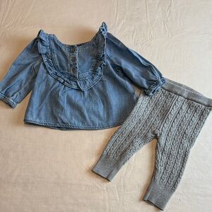 Baby GAP Denim Ruffle Top Gray Cable Knit Sweater Pants Outfit Size 0-3 months